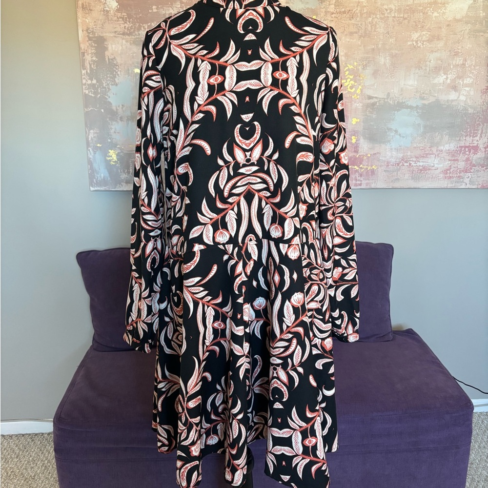 Vero Moda Black, White & Orange Long Sleeve A-line Dress with Mock Neck Size M